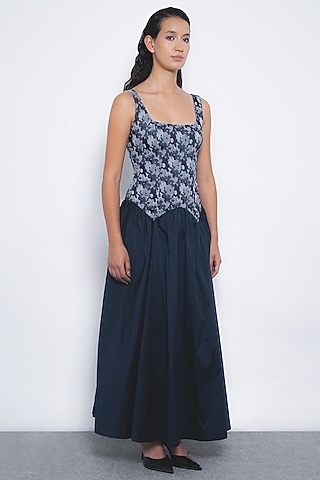 Indigo Blue Viscose Gathered Maxi Dress by LEH STUDIOS