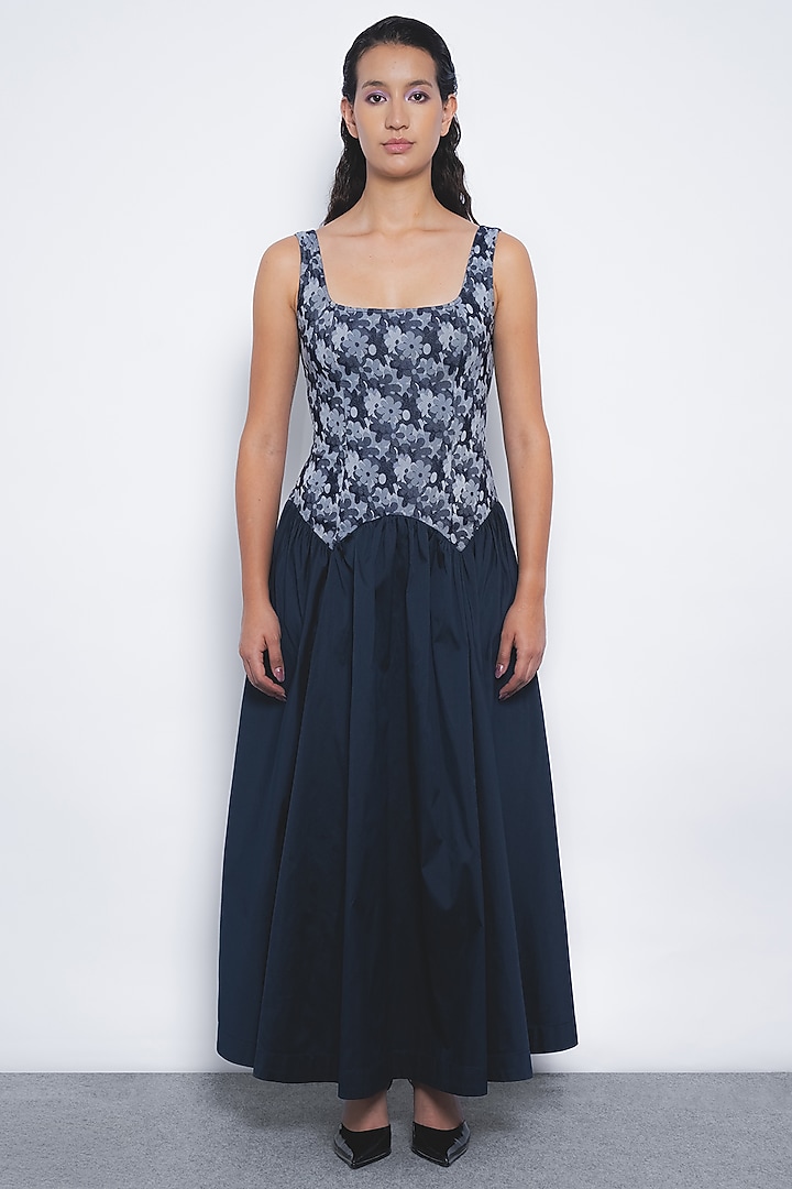 Indigo Blue Viscose Gathered Maxi Vacation Dress by LEH STUDIOS at Pernia's Pop Up Shop