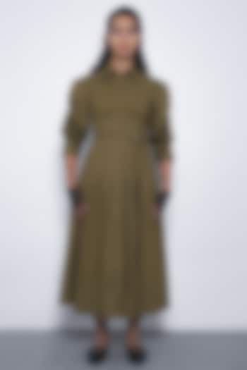 Olive Green Cotton Pleated Midi Vacation Dress by Leh  at Pernia's Pop Up Shop