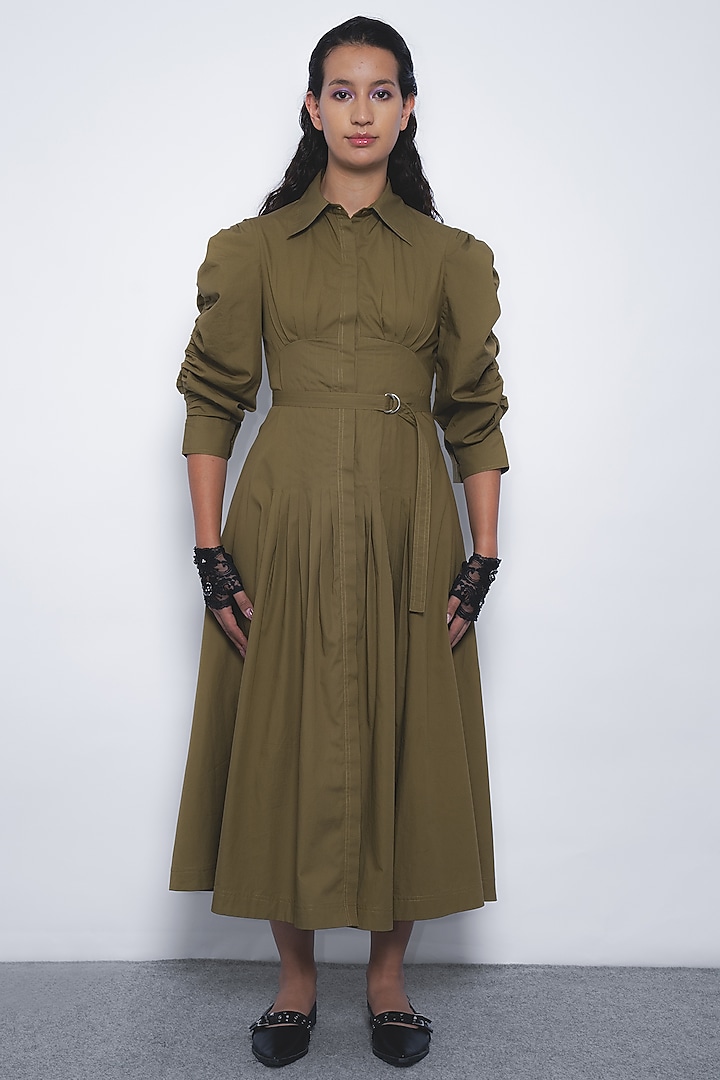 Olive Green Cotton Pleated Midi Vacation Dress by Leh  at Pernia's Pop Up Shop