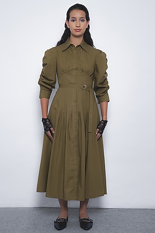 Olive Green Cotton Pleated Midi Dress by LEH STUDIOS