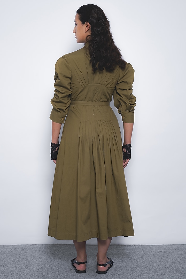 Olive Green Cotton Pleated Midi Vacation Dress by LEH STUDIOS at Pernia's Pop Up Shop