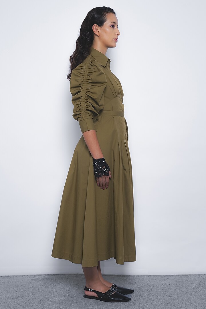Olive Green Cotton Pleated Midi Vacation Dress by LEH STUDIOS at Pernia's Pop Up Shop