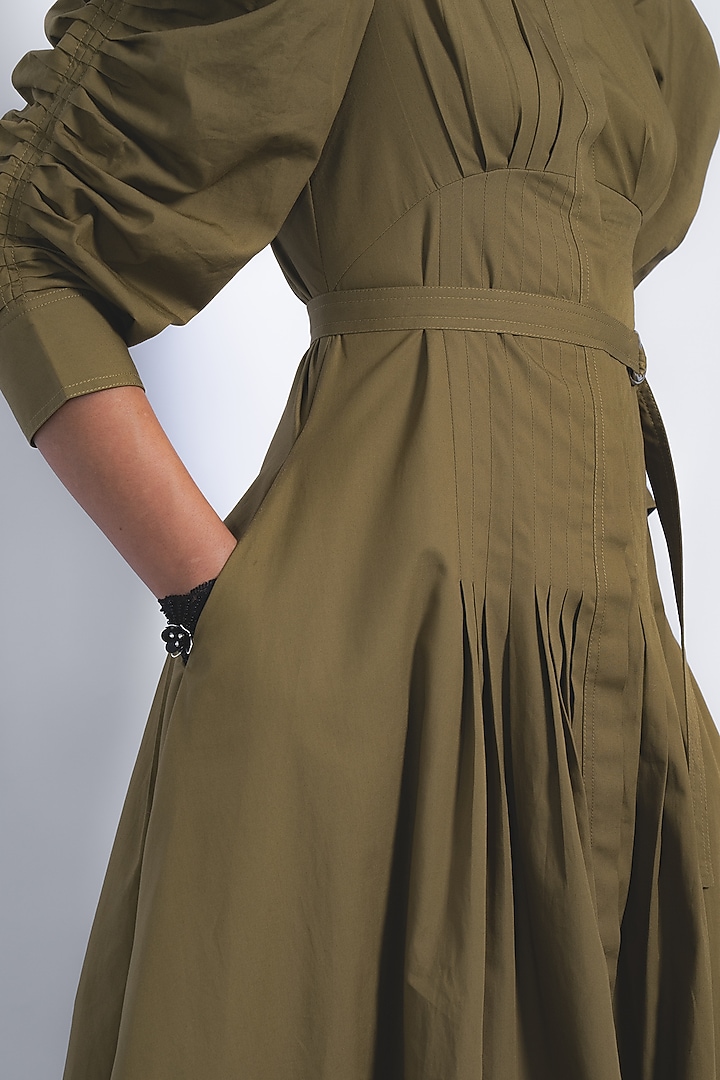 Olive Green Cotton Pleated Midi Vacation Dress by LEH STUDIOS at Pernia's Pop Up Shop