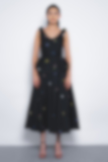 Black Viscose & Polyester Floral Printed Midi Vacation Dress by Leh  at Pernia's Pop Up Shop