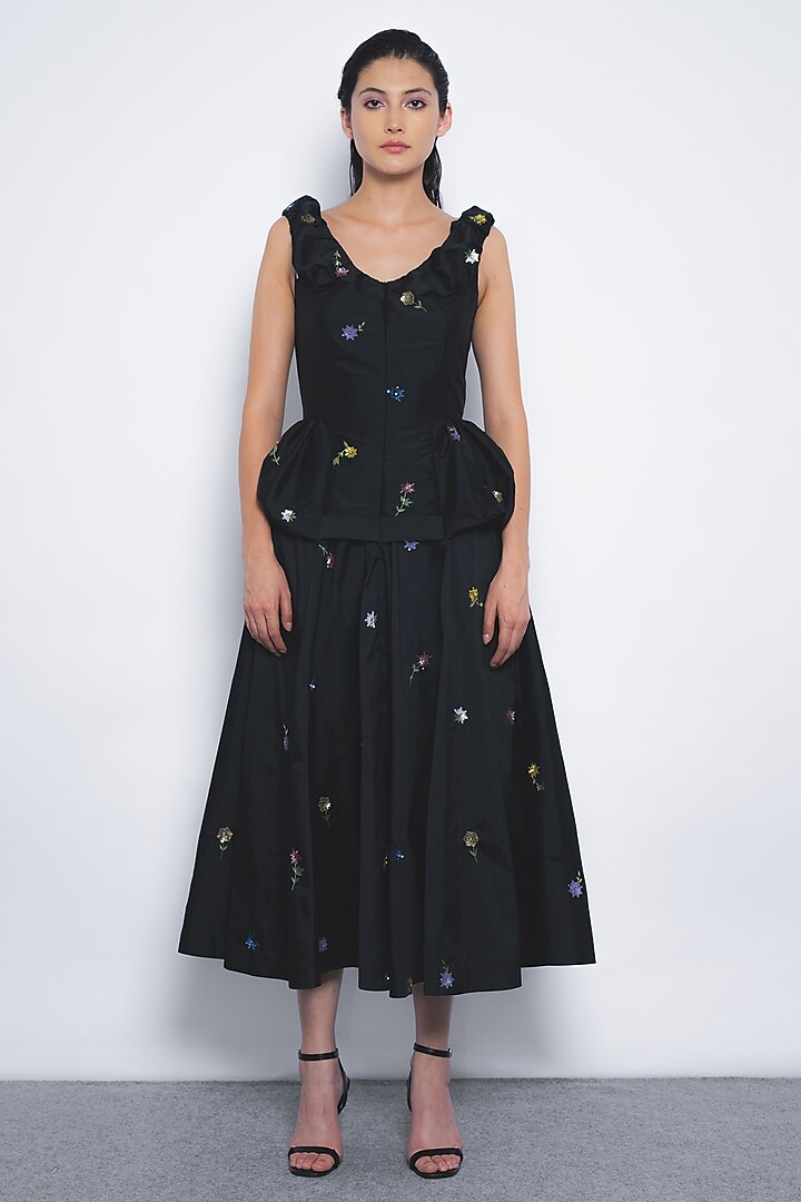 Black Viscose & Polyester Floral Printed Midi Vacation Dress by Leh  at Pernia's Pop Up Shop