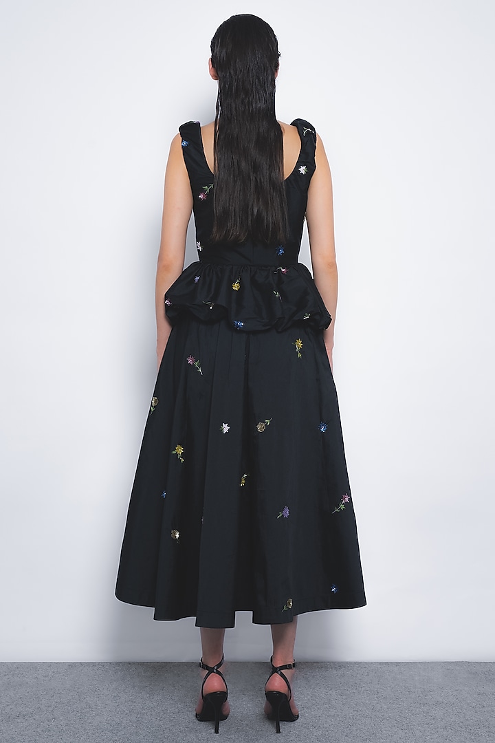 Black Viscose & Polyester Floral Printed Midi Vacation Dress by LEH STUDIOS at Pernia's Pop Up Shop