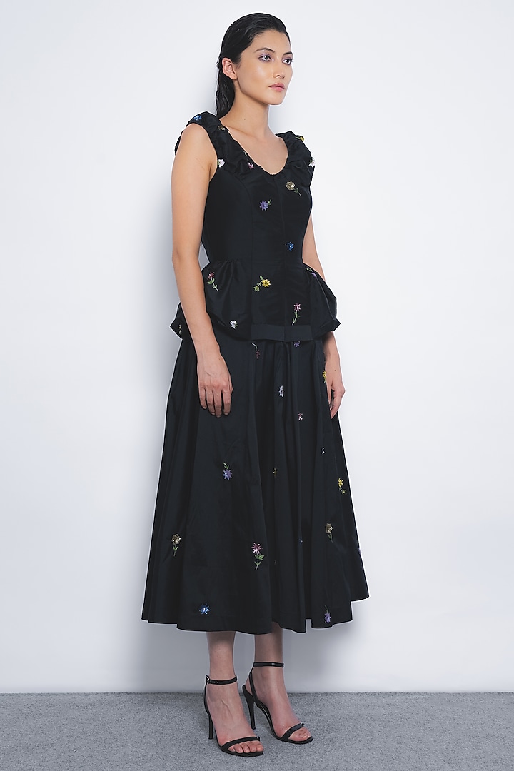 Black Viscose & Polyester Floral Printed Midi Vacation Dress by LEH STUDIOS at Pernia's Pop Up Shop
