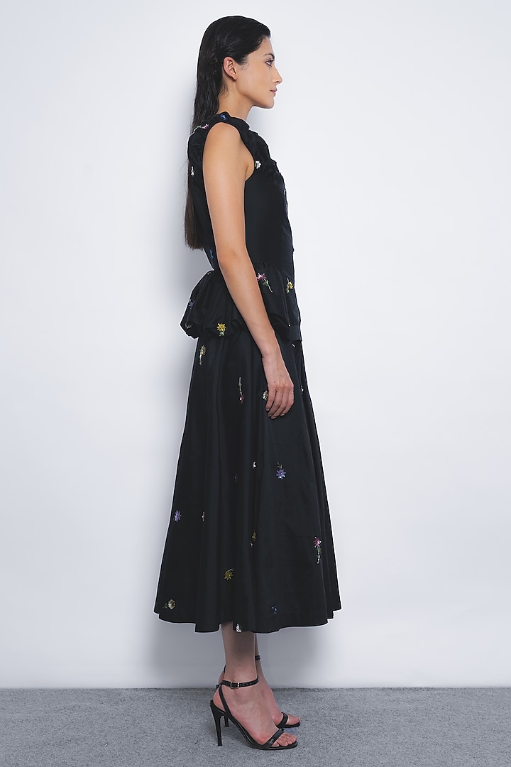 Black Viscose & Polyester Floral Printed Midi Vacation Dress by LEH STUDIOS at Pernia's Pop Up Shop