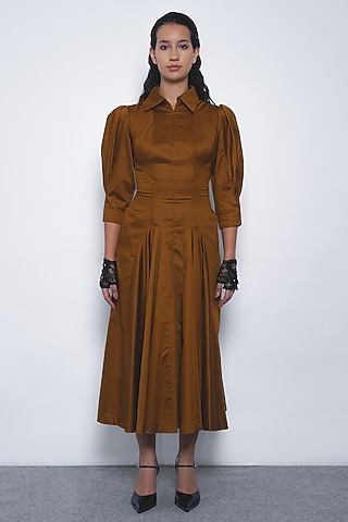 Tobacco Brown Cotton Panel Midi Dress by LEH STUDIOS