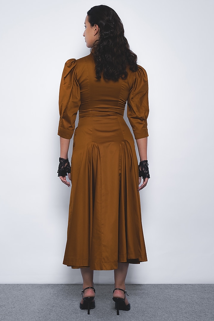 Tobacco Brown Cotton Panel Midi Vacation Dress by LEH STUDIOS at Pernia's Pop Up Shop