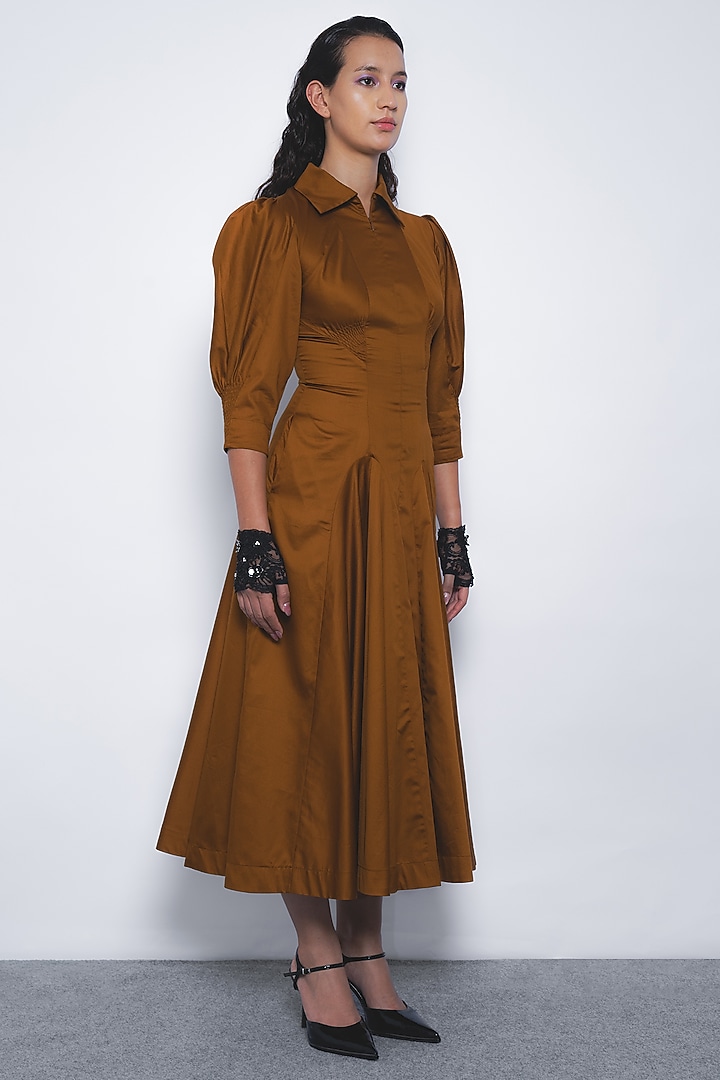 Tobacco Brown Cotton Panel Midi Vacation Dress by LEH STUDIOS at Pernia's Pop Up Shop