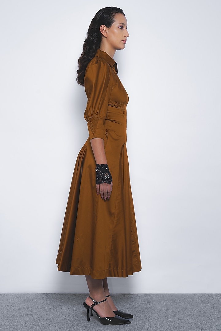 Tobacco Brown Cotton Panel Midi Vacation Dress by LEH STUDIOS at Pernia's Pop Up Shop