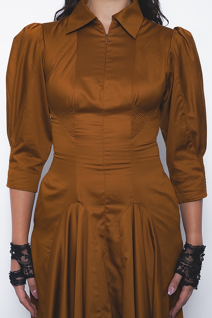 Tobacco Brown Cotton Panel Midi Vacation Dress by LEH STUDIOS at Pernia's Pop Up Shop