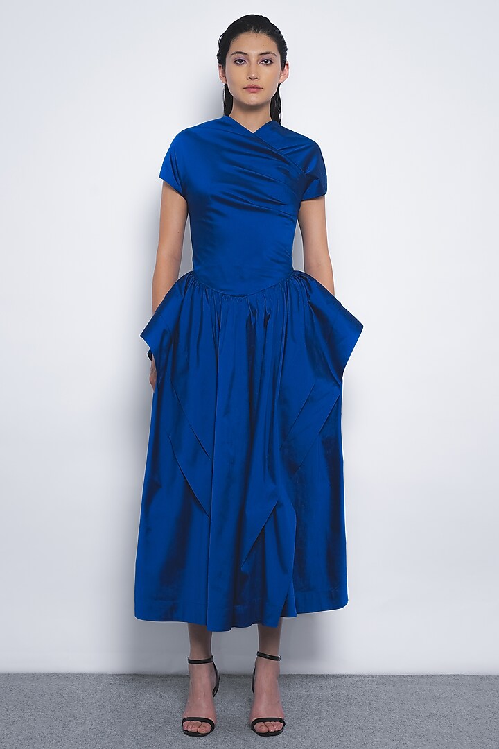 Lapis Blue Viscose & Polyester Midi Vacation Dress by Leh  at Pernia's Pop Up Shop