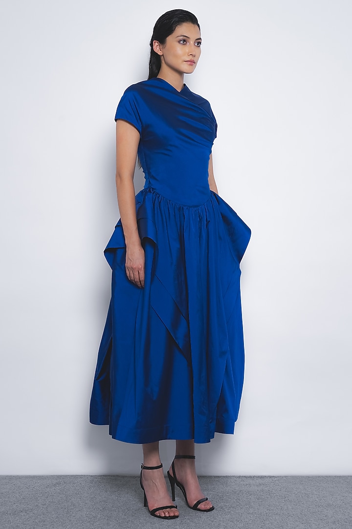 Lapis Blue Viscose & Polyester Midi Vacation Dress by LEH STUDIOS at Pernia's Pop Up Shop