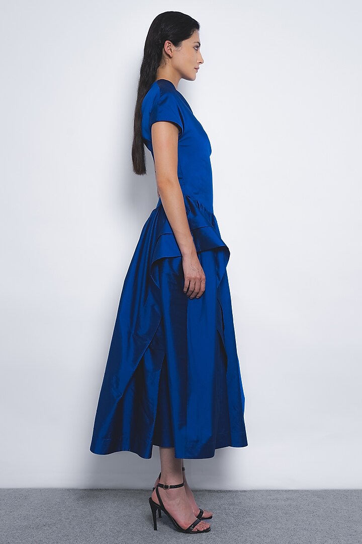 Lapis Blue Viscose & Polyester Midi Vacation Dress by LEH STUDIOS at Pernia's Pop Up Shop