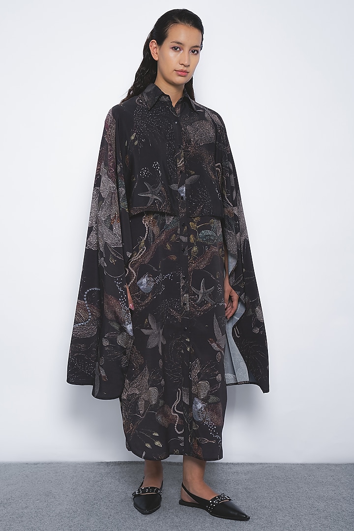 Multi-Colored Viscose & Polyester Printed Cape Vacation Dress by LEH STUDIOS at Pernia's Pop Up Shop