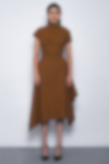 Tobacco Brown Cotton Asymmetric Midi Vacation Dress by Leh  at Pernia's Pop Up Shop
