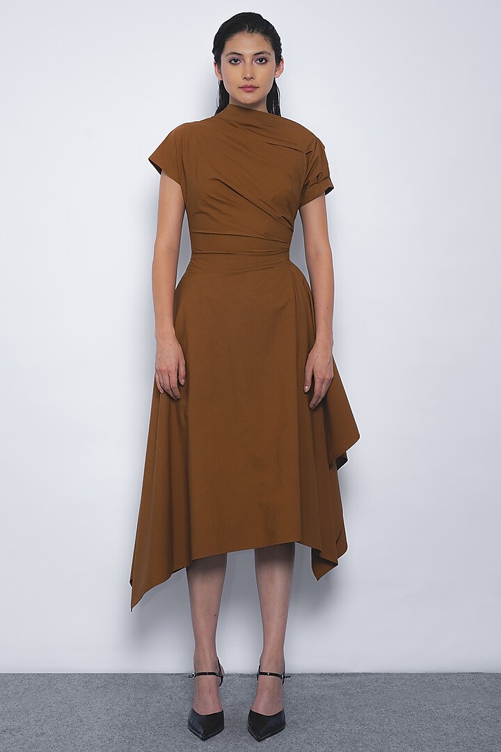 Tobacco Brown Cotton Asymmetric Midi Vacation Dress by Leh  at Pernia's Pop Up Shop