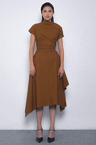 Tobacco Brown Cotton Asymmetric Midi Dress by LEH STUDIOS