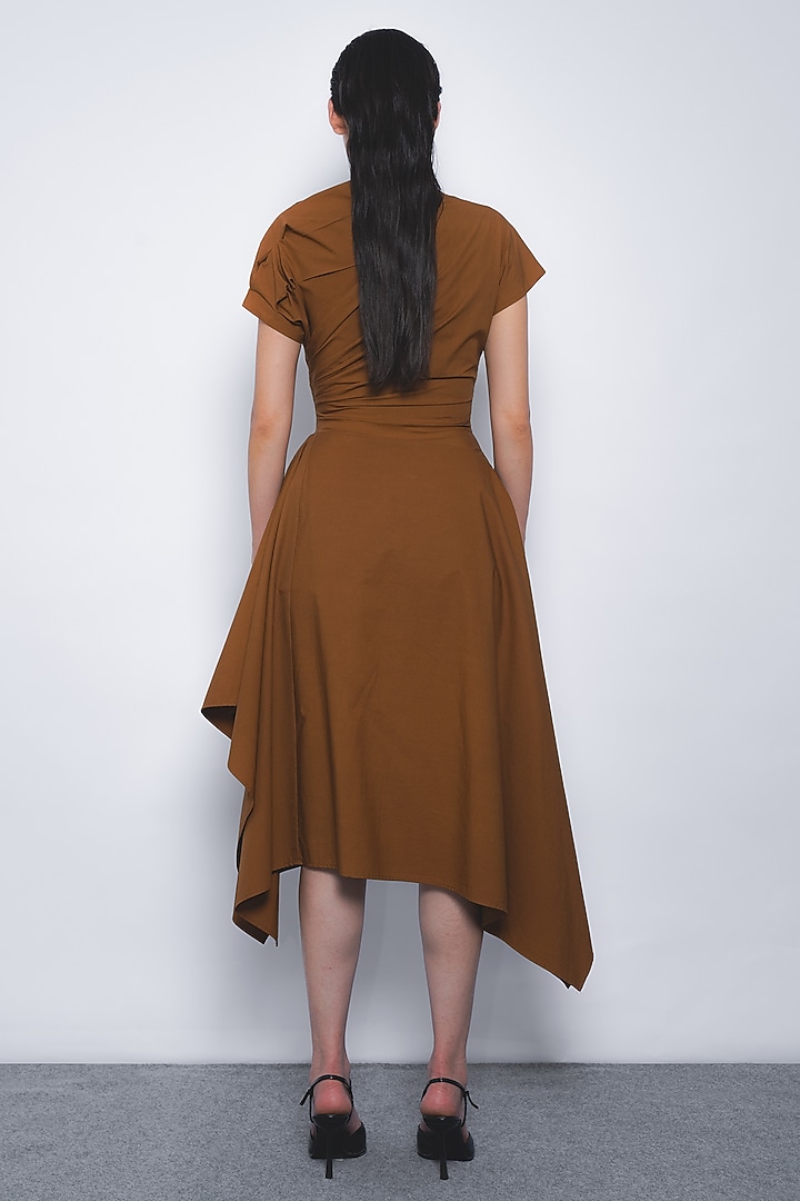 Tobacco Brown Cotton Asymmetric Midi Vacation Dress by LEH STUDIOS at Pernia's Pop Up Shop