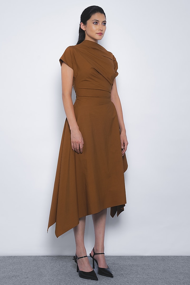 Tobacco Brown Cotton Asymmetric Midi Vacation Dress by LEH STUDIOS at Pernia's Pop Up Shop