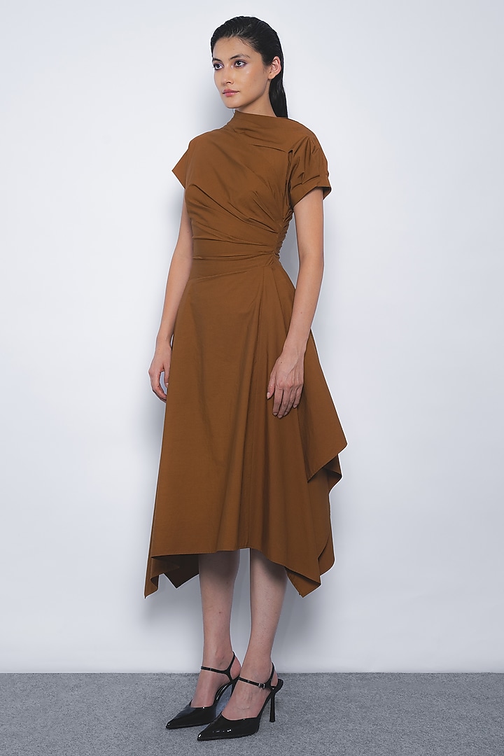 Tobacco Brown Cotton Asymmetric Midi Vacation Dress by LEH STUDIOS at Pernia's Pop Up Shop