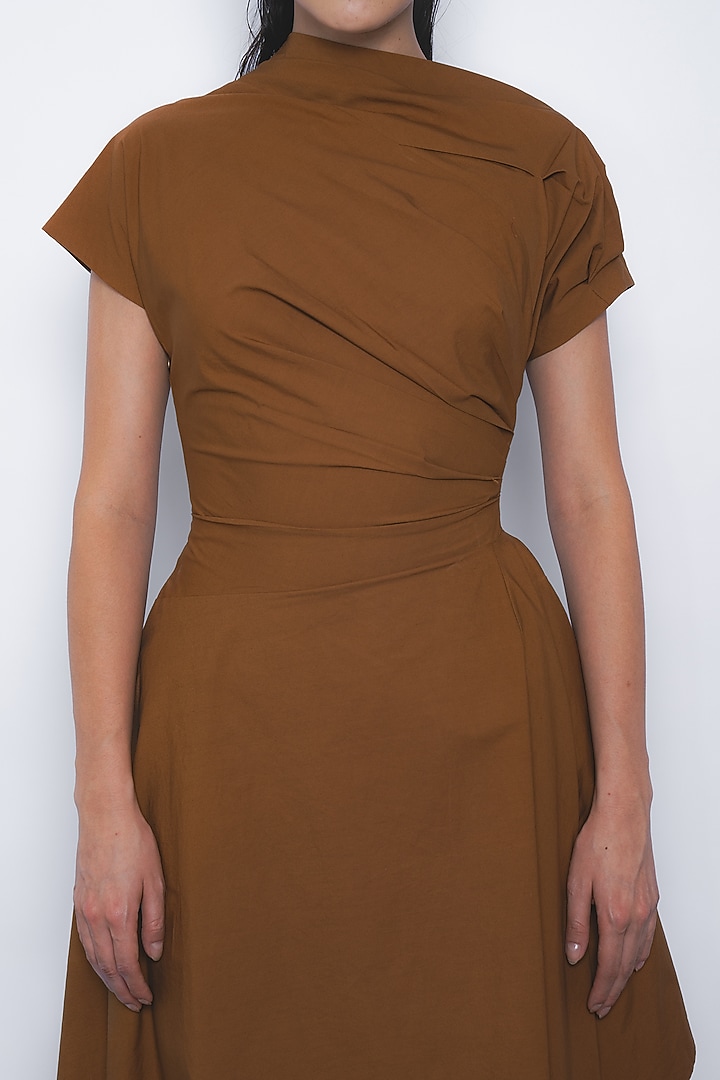 Tobacco Brown Cotton Asymmetric Midi Vacation Dress by LEH STUDIOS at Pernia's Pop Up Shop