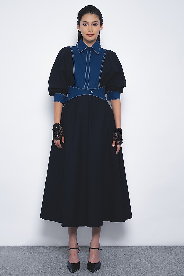 Navy & Lapis Blue Cotton Midi Vacation Dress by Leh  at Pernia's Pop Up Shop