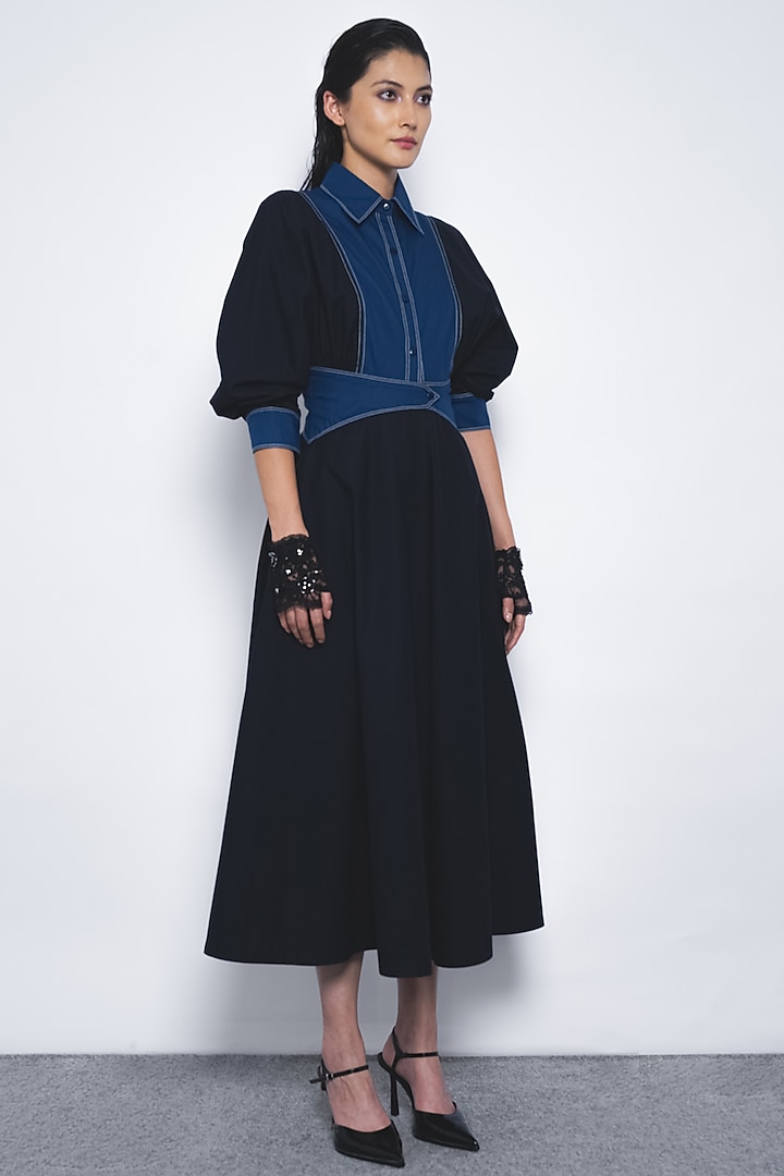 Navy & Lapis Blue Cotton Midi Vacation Dress by LEH STUDIOS at Pernia's Pop Up Shop