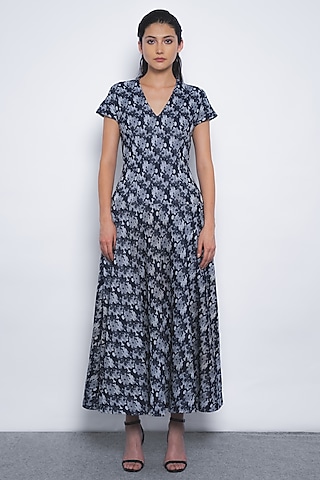 Indigo Blue Viscose Printed Maxi Dress by LEH STUDIOS