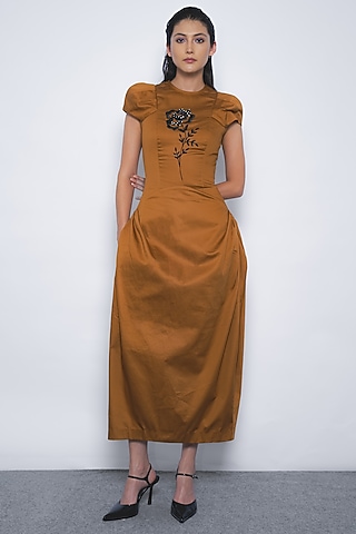 Tobacco Brown Cotton Midi Dress by LEH STUDIOS