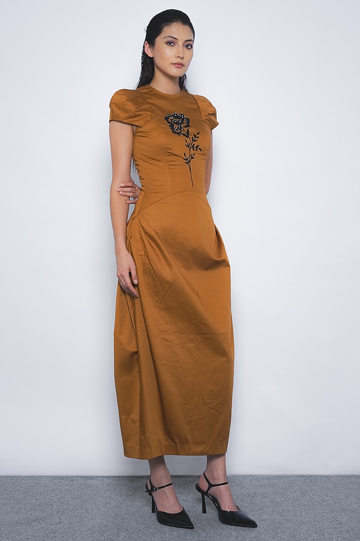 Tobacco Brown Cotton Midi Vacation Dress by LEH STUDIOS at Pernia's Pop Up Shop