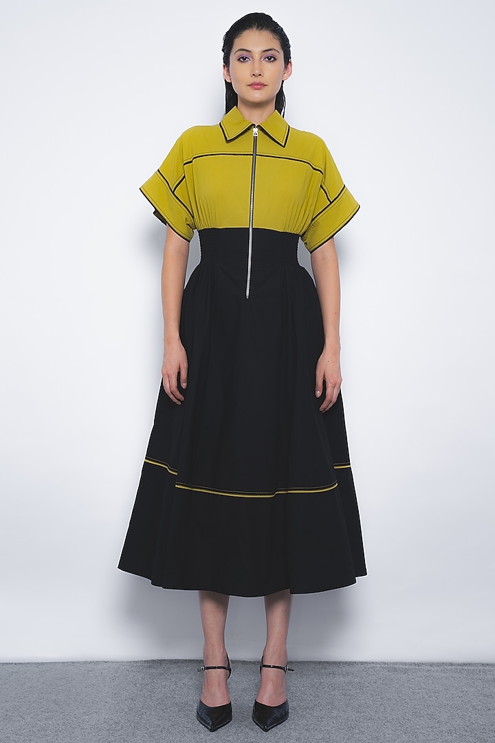 Mustard & Black Cotton Zipper Midi Vacation Dress by Leh  at Pernia's Pop Up Shop