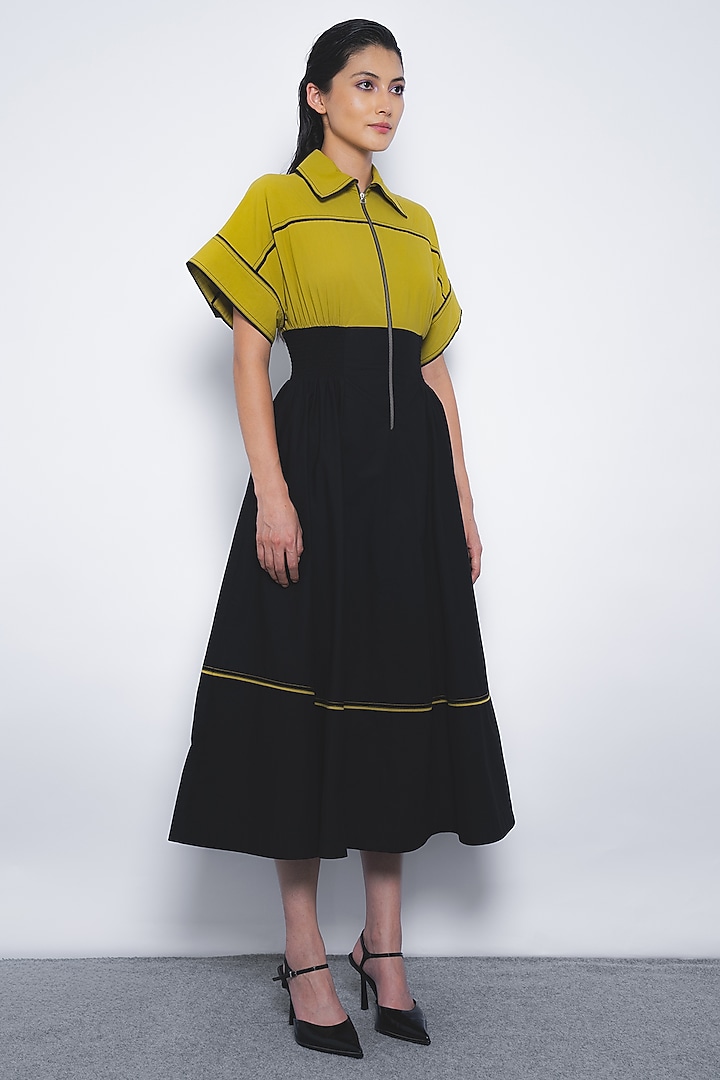 Mustard & Black Cotton Zipper Midi Vacation Dress by LEH STUDIOS at Pernia's Pop Up Shop