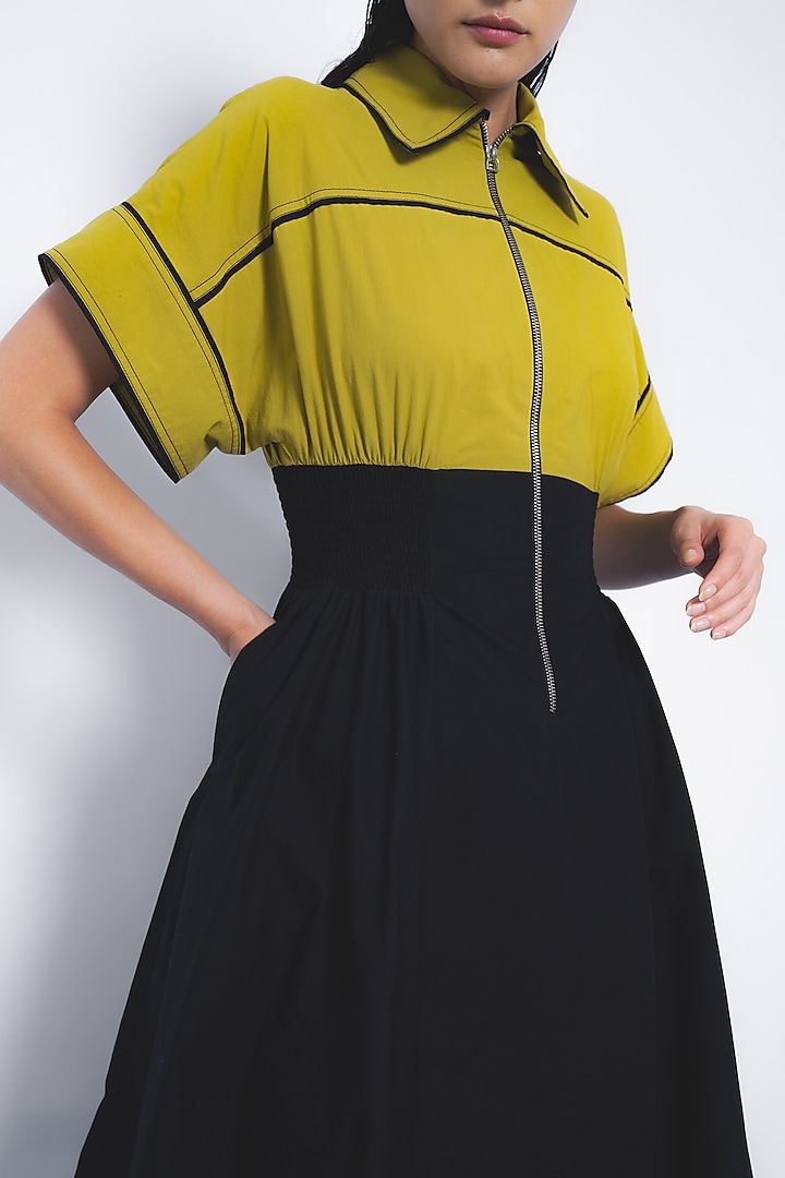 Mustard & Black Cotton Zipper Midi Vacation Dress by LEH STUDIOS at Pernia's Pop Up Shop