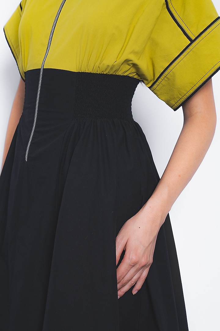 Mustard & Black Cotton Zipper Midi Vacation Dress by LEH STUDIOS at Pernia's Pop Up Shop