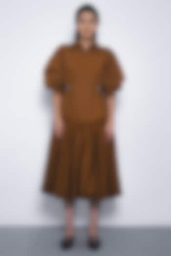 Tobacco Brown Cotton Structured Midi Vacation Dress by Leh  at Pernia's Pop Up Shop