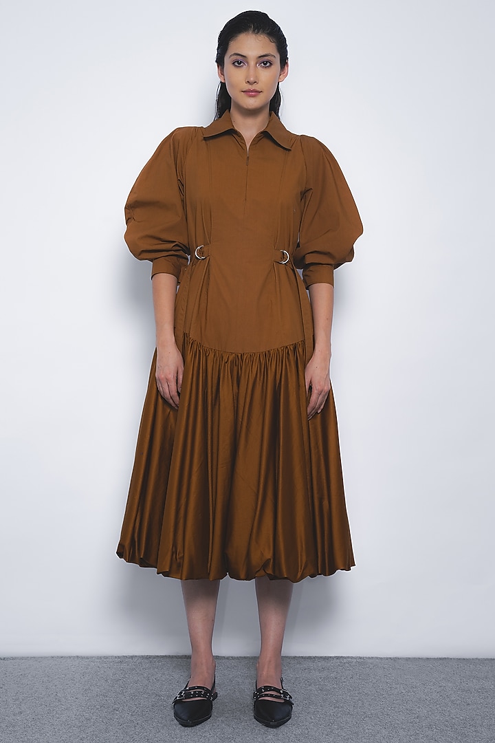 Tobacco Brown Cotton Structured Midi Vacation Dress by Leh  at Pernia's Pop Up Shop