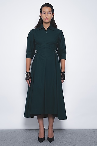 Forest Green Cotton Poplin Midi Dress by LEH STUDIOS