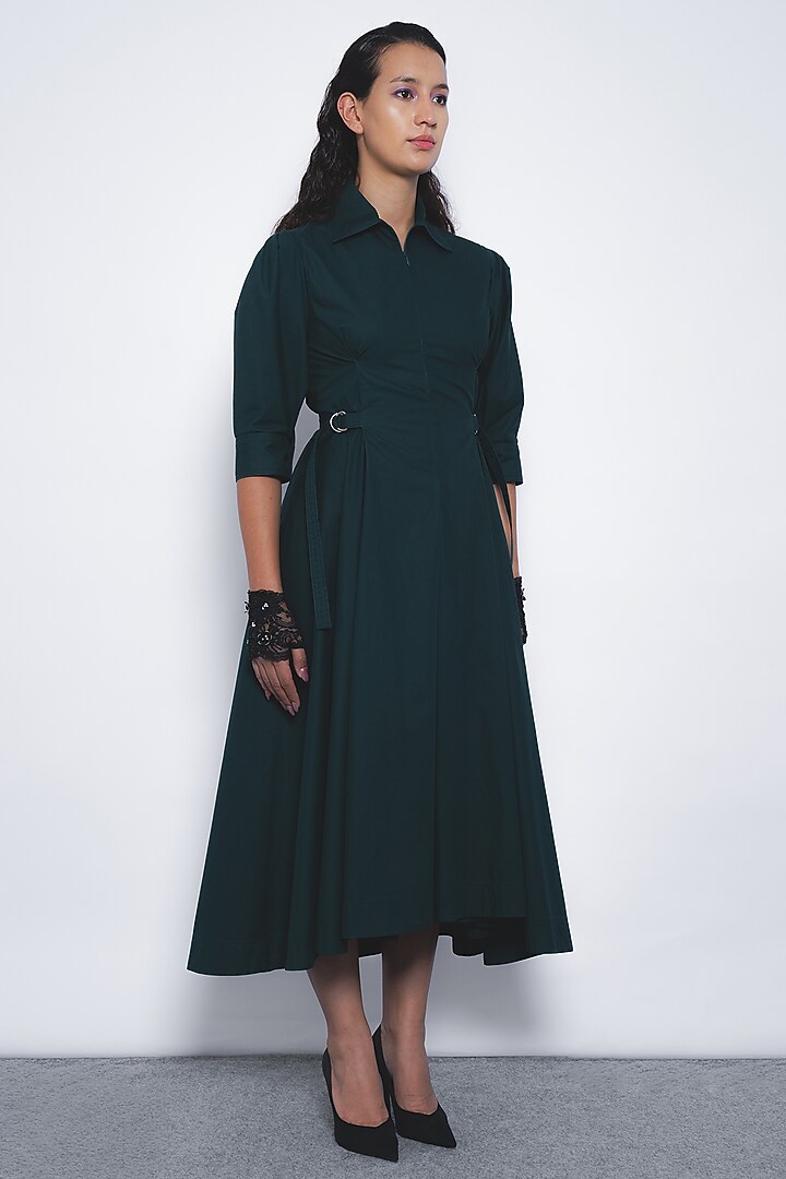 Forest Green Cotton Poplin Midi Vacation Dress by LEH STUDIOS at Pernia's Pop Up Shop