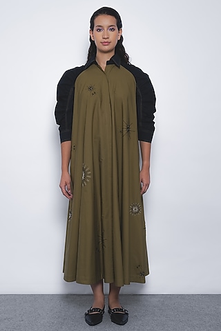 Olive Green & Black Cotton Midi Dress by LEH STUDIOS