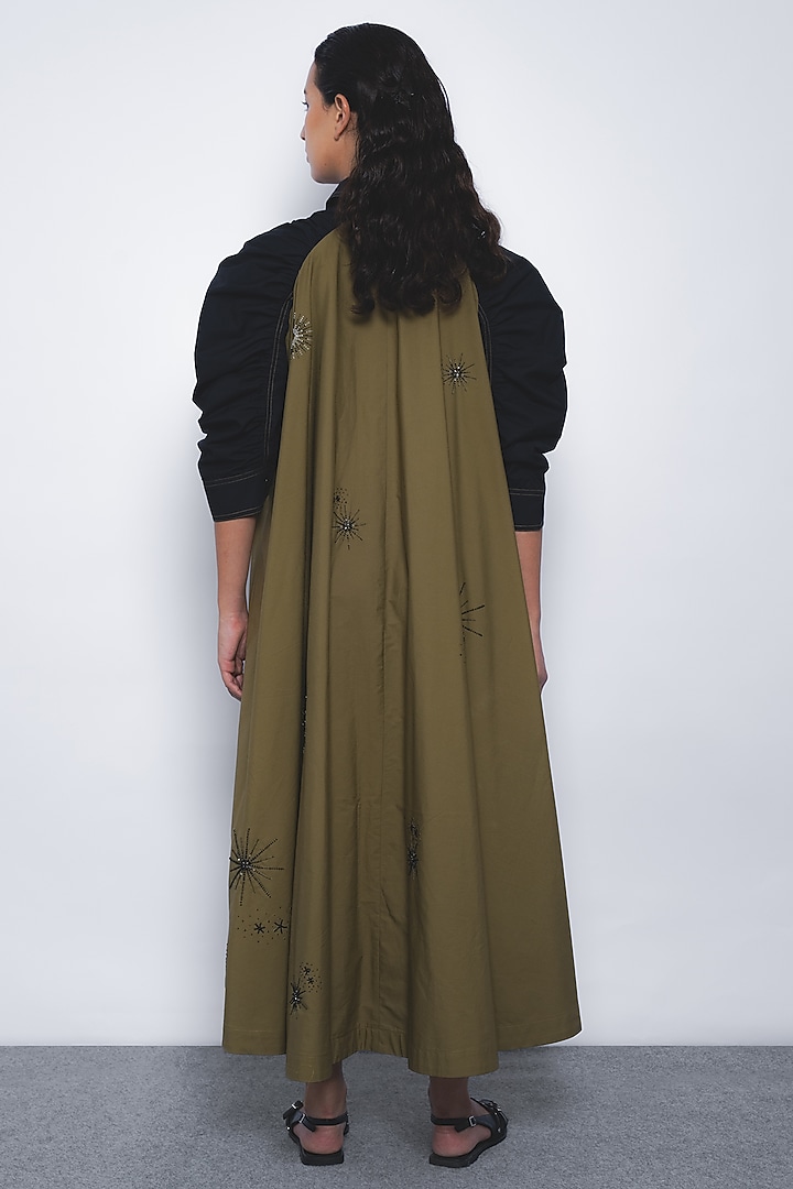 Olive Green & Black Cotton Midi Vacation Dress by LEH STUDIOS at Pernia's Pop Up Shop