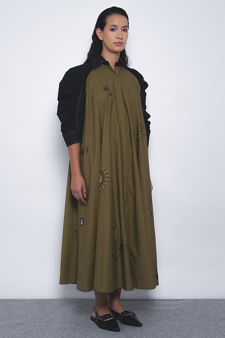 Olive Green & Black Cotton Midi Vacation Dress by LEH STUDIOS at Pernia's Pop Up Shop