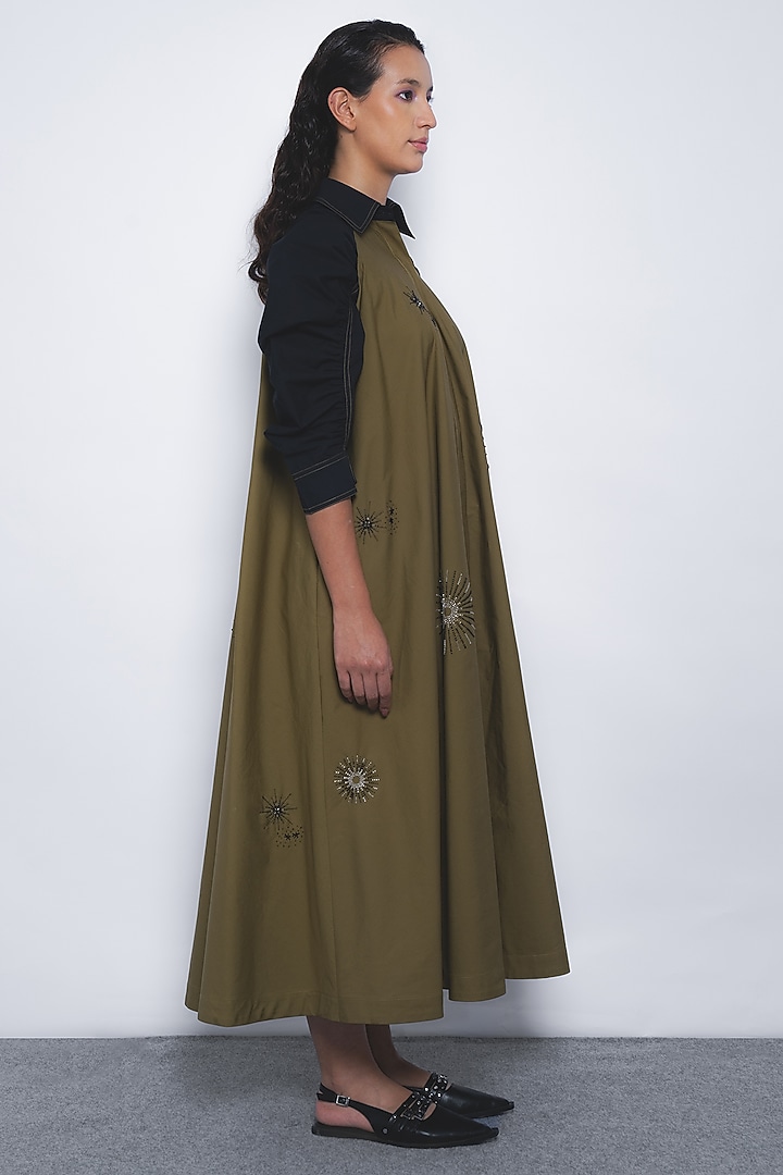 Olive Green & Black Cotton Midi Vacation Dress by LEH STUDIOS at Pernia's Pop Up Shop