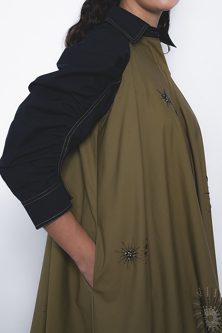 Olive Green & Black Cotton Midi Vacation Dress by LEH STUDIOS at Pernia's Pop Up Shop