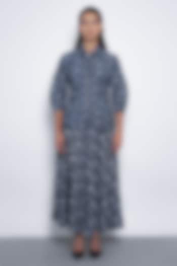 Indigo Blue Viscose & Denim Jacquard Floral Printed Top by Leh  at Pernia's Pop Up Shop