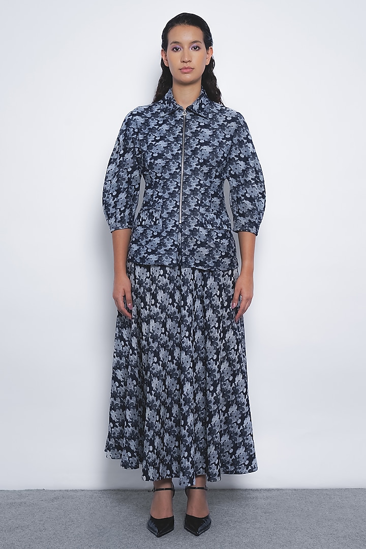 Indigo Blue Viscose & Denim Jacquard Floral Printed Top by Leh  at Pernia's Pop Up Shop