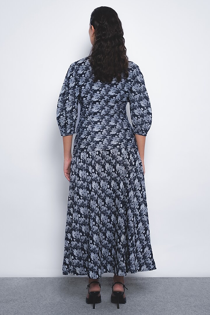 Indigo Blue Viscose & Denim Jacquard Floral Printed Top by LEH STUDIOS at Pernia's Pop Up Shop